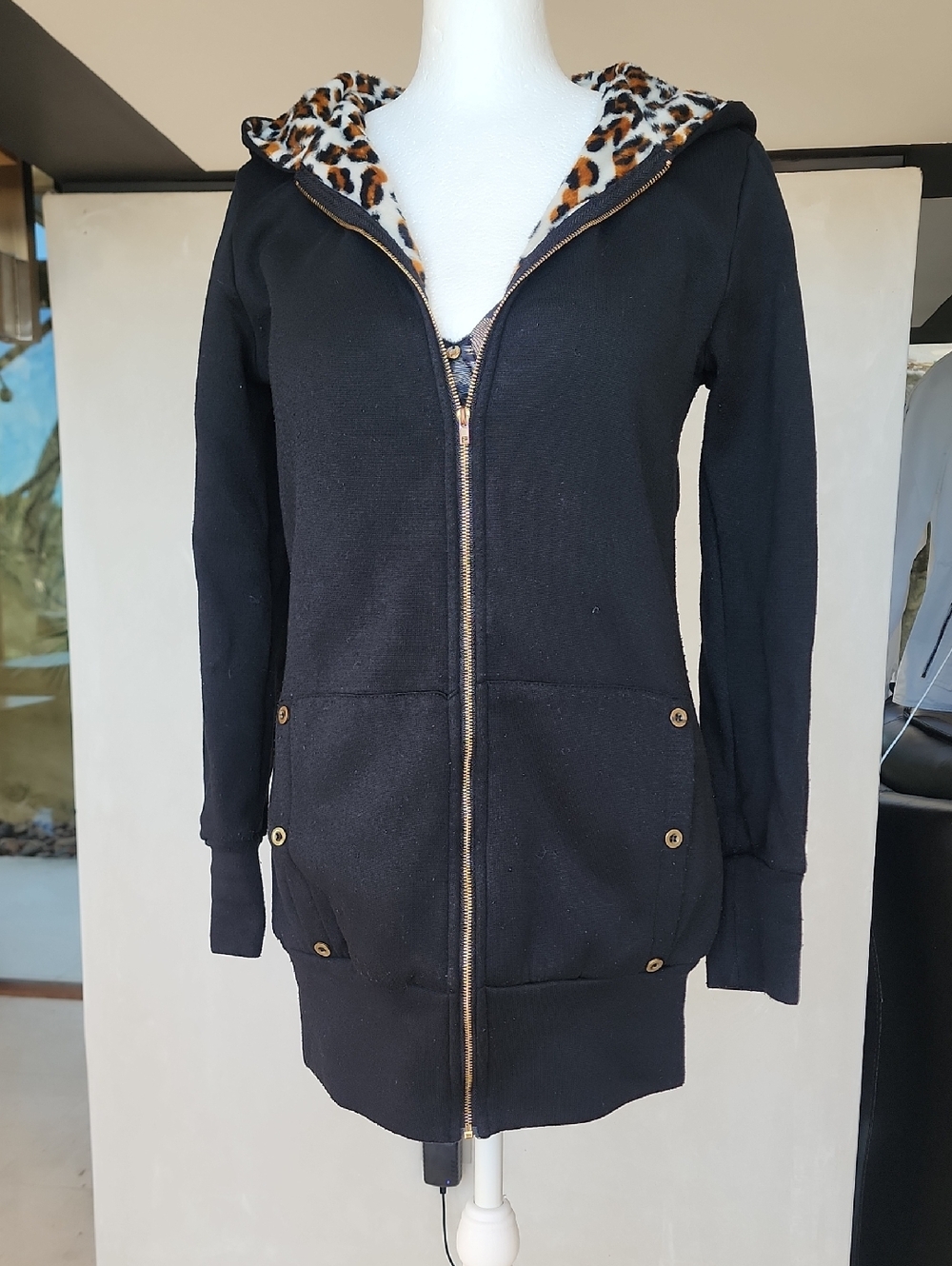 Black Zip Hoodie with Leopard Trim
